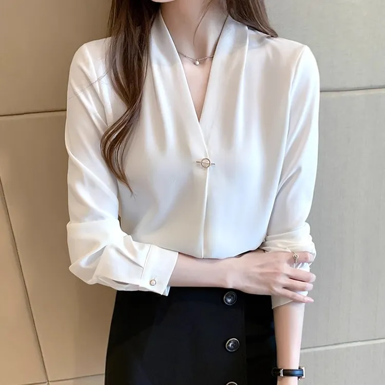 雪纺衬衫女设计感小众2025春装新款职业V领白衬衣长袖上衣工作服