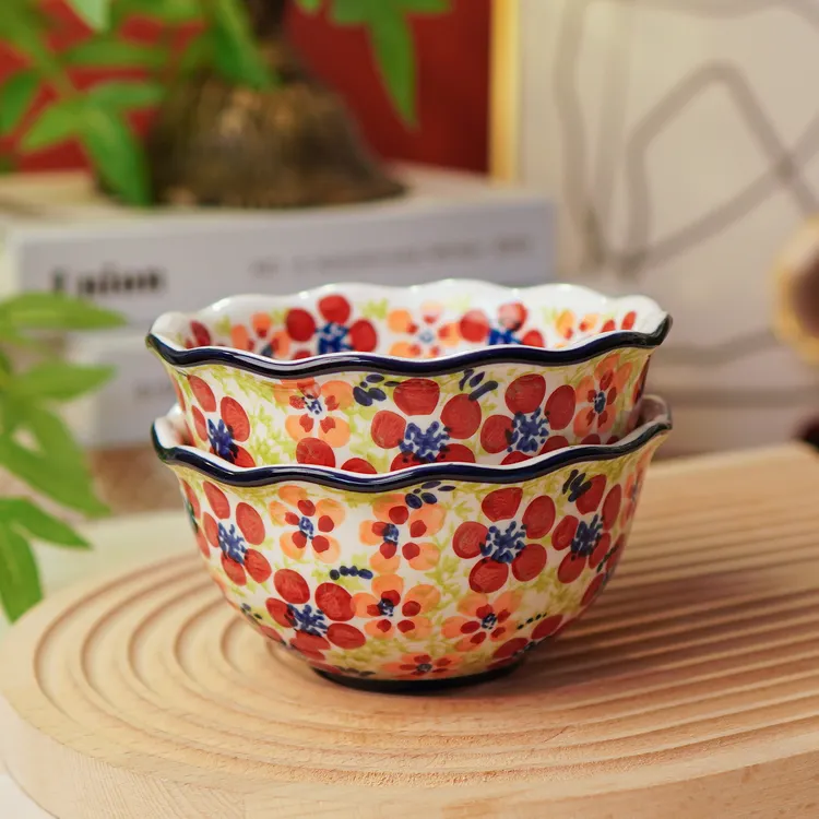 波兰瓷手绘陶瓷碧丝粉黛花边家用釉下彩餐具米饭碗5英寸