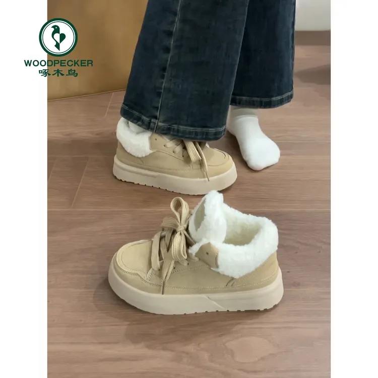 啄木鸟厚底面包棉鞋女2025冬季新款短筒雪地靴毛毛鞋加绒休闲板鞋