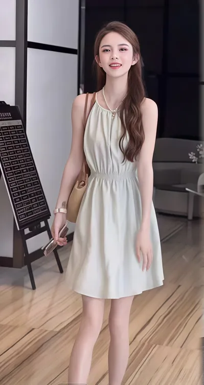 法式无袖露腰挂脖女装连衣裙2024夏季新款时尚收腰显瘦短款吊带裙
