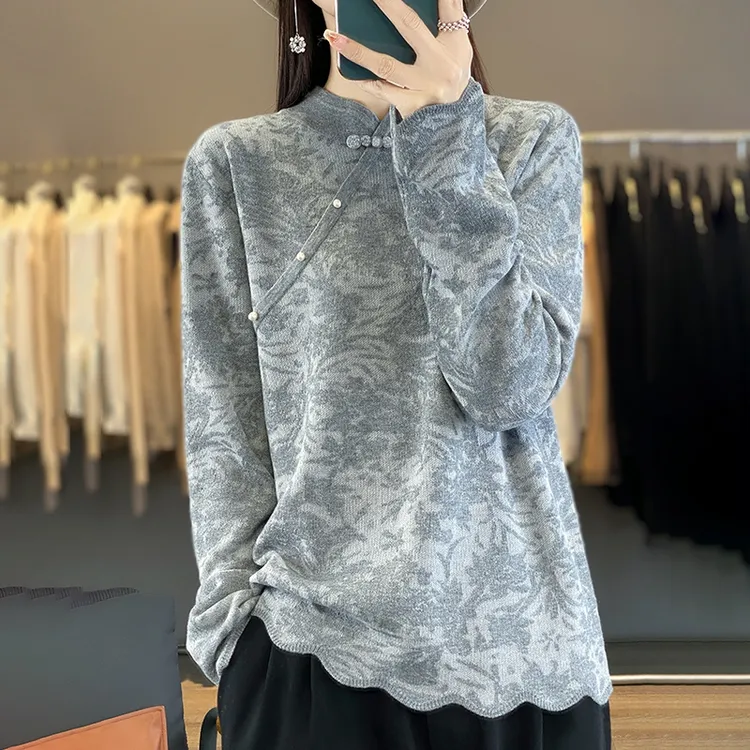 胖MM秋冬大码国风旗袍领毛衣女宽松中式盘扣上衣羊毛打底衫