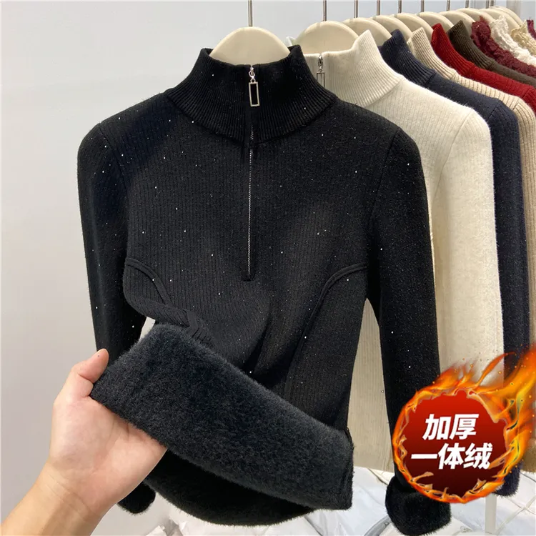 新款拉链半高领毛衣一体加绒加厚针织打底衫女秋冬高级感保暖内搭