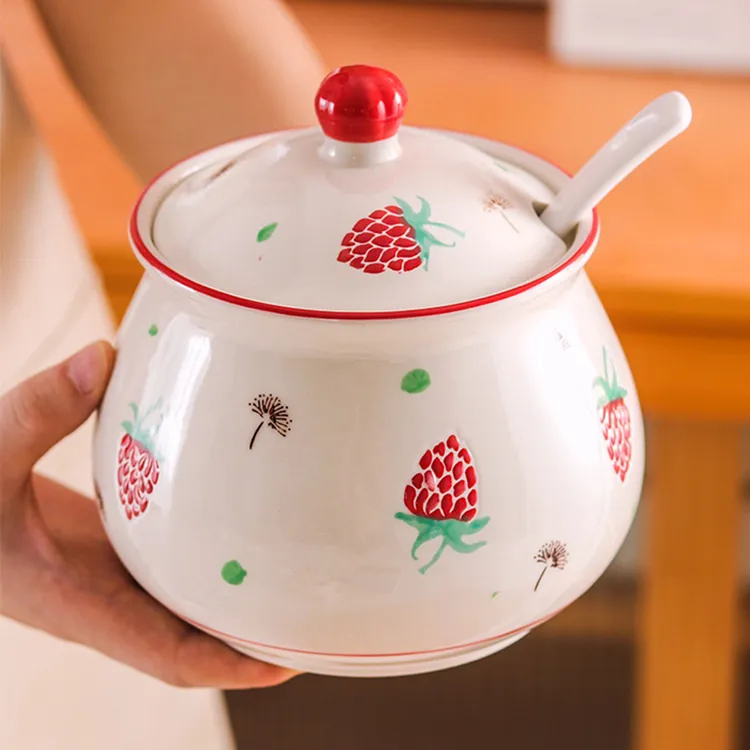 草莓猪油罐家用荤油罐带盖装辣椒罐辣椒油罐陶瓷耐高温油泼辣子罐