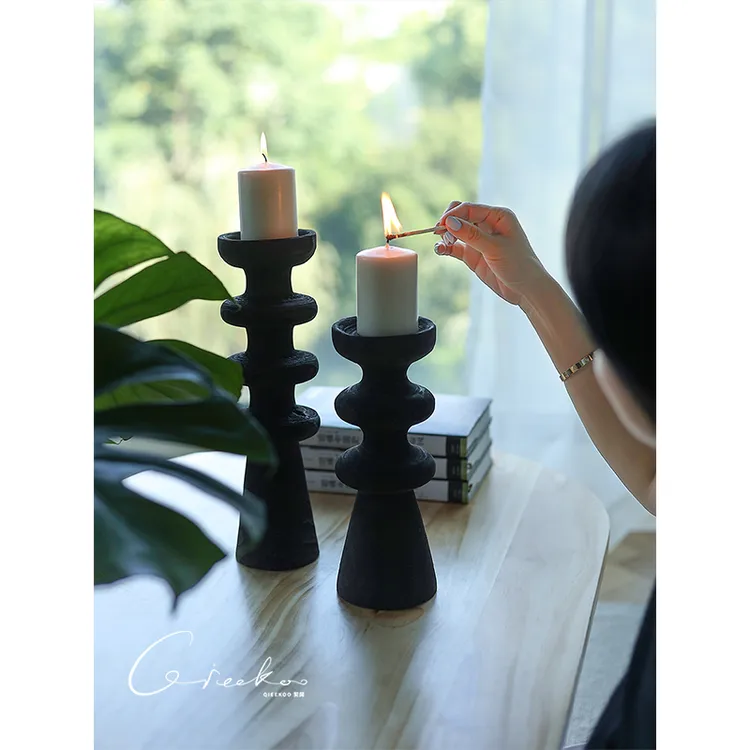 契阔家居 Faust浮士德暗夜黑碳化木烛台摆件氛围感桌面玄关装饰品
