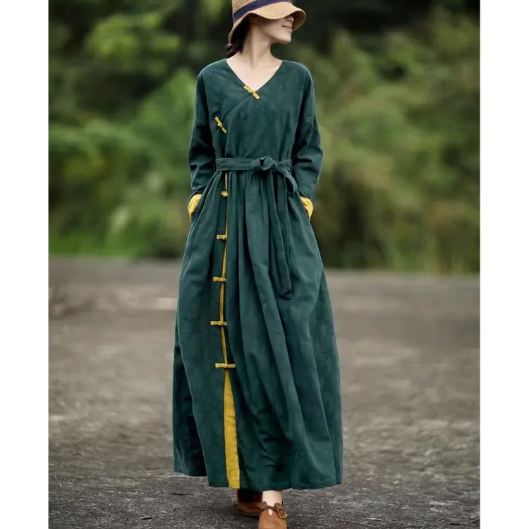 撞色高端亚麻提花V领旗袍连衣裙女2025秋冬新款复古宽松显瘦长裙