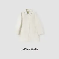 独具文艺气息 自然洗水亚麻棉拼接皮领宽松中长风衣外套 FW101605