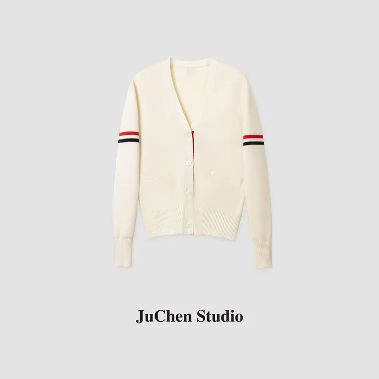 ”TB系列“三彩条 100美利奴羊毛V领长袖针织衫开衫外套 22063