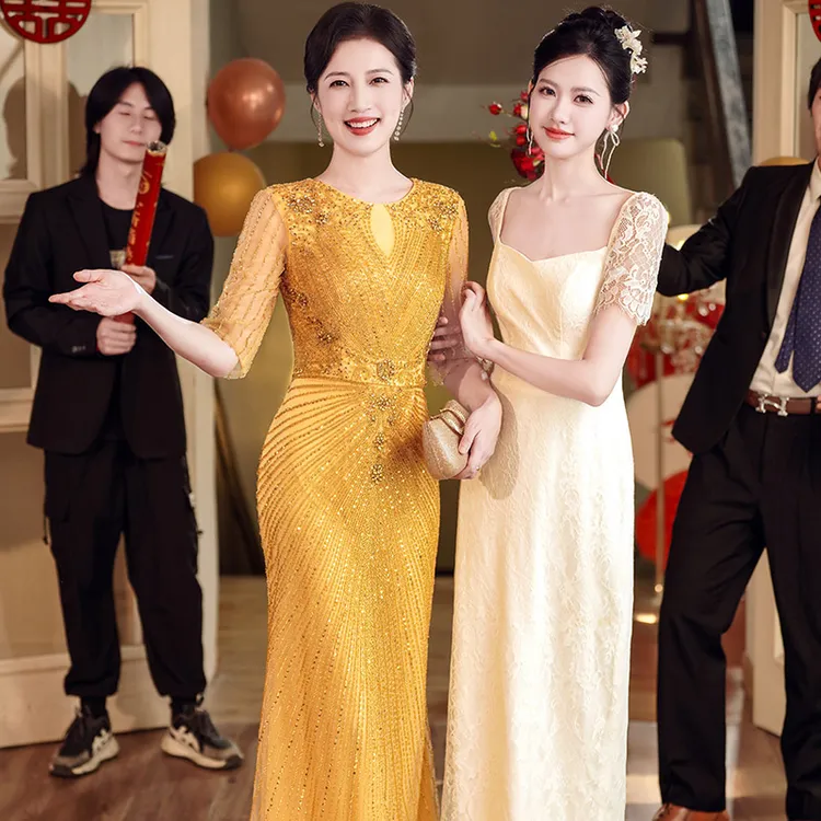 6001高贵年轻时尚妈妈晚礼服2024新款高级感主持人演出宴会礼服