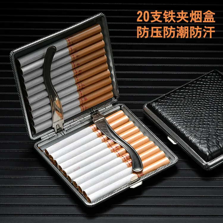 批发皮纹男士精品轻便型20支金属贴皮烟夹厂家直销烟具