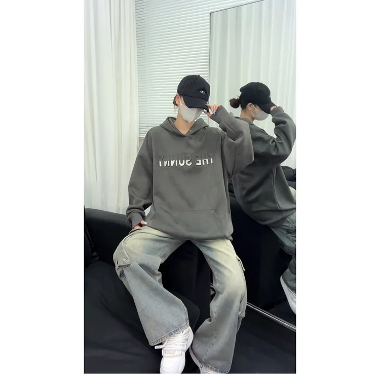 重磅仿麂皮绒连帽卫衣男潮牌字母钢印美式oversize情侣长袖外套