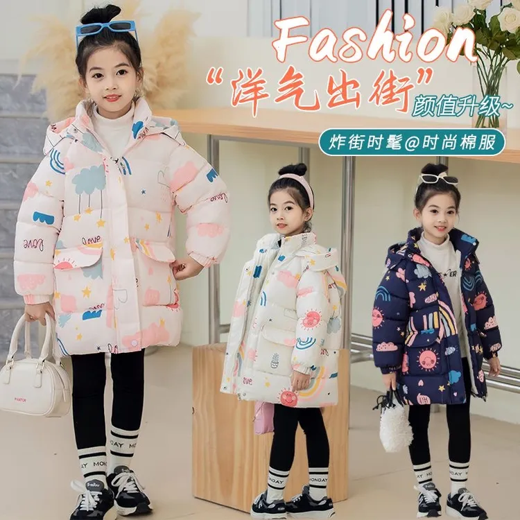 2023新款冬季女童加绒加厚中小童韩版棉服中长款保暖洋气时尚棉衣