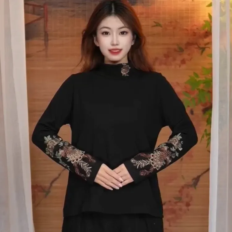 【凤凰戏牡丹】新中式国风半高领打底衫复古休闲重工刺绣民族风长袖