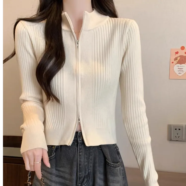 Polo领双拉链针织开衫女秋冬短款高腰毛衣外套小个子内搭修身上衣