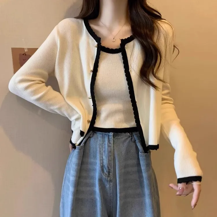 开衫毛衣外套女春秋季2025新款短款小香风针织衫吊带两件套装上衣