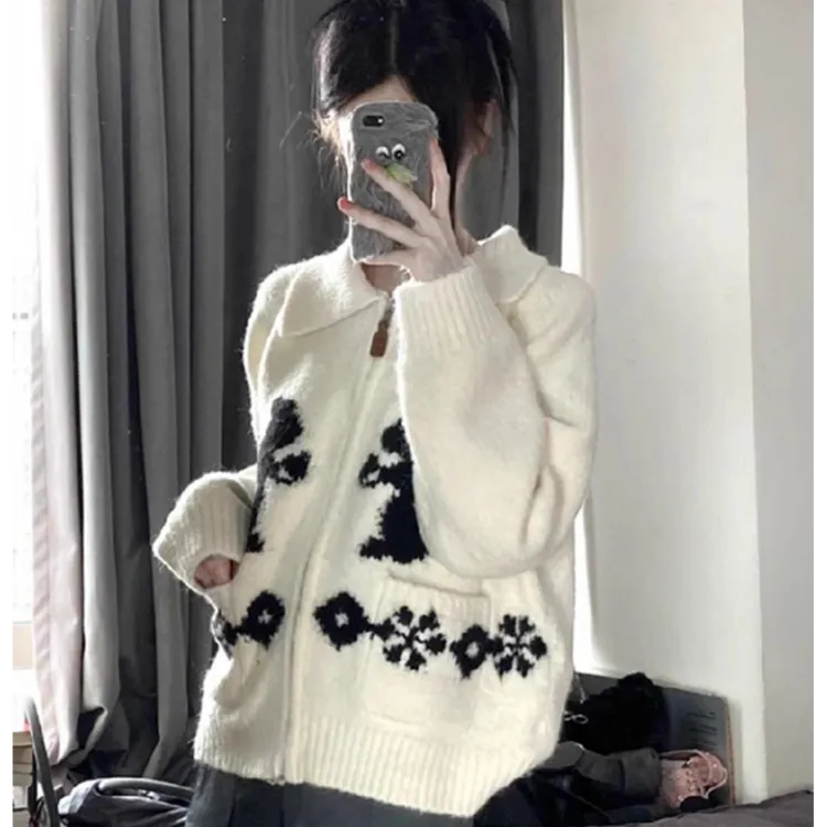 松鼠短款翻领拉链毛衣外套女秋冬别致绝美今年爆款小个子针织开衫