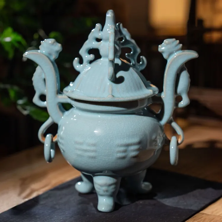 简匠 汝窑原矿天青釉蝉翼纹开片八卦鼎摆件小号