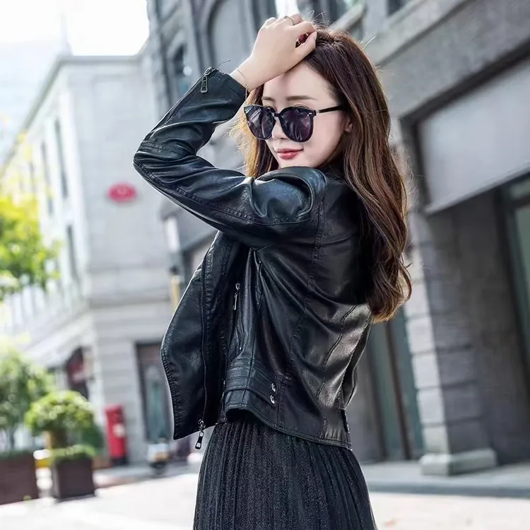 黑色皮衣外套女春秋季2023新款修身短款小个子休闲机车皮夹克上衣