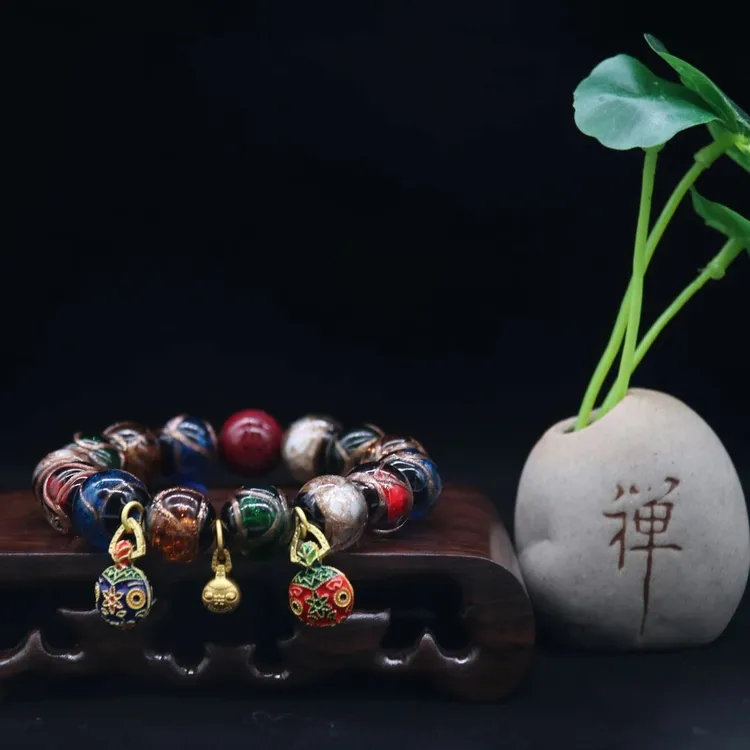非金属玻璃手链 【秦师推荐】黄財 神五彩琉璃手链新中式古法国风