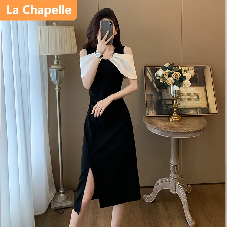 拉夏贝尔法式气质连衣裙女夏季轻奢优雅名媛显瘦收腰开叉小黑裙