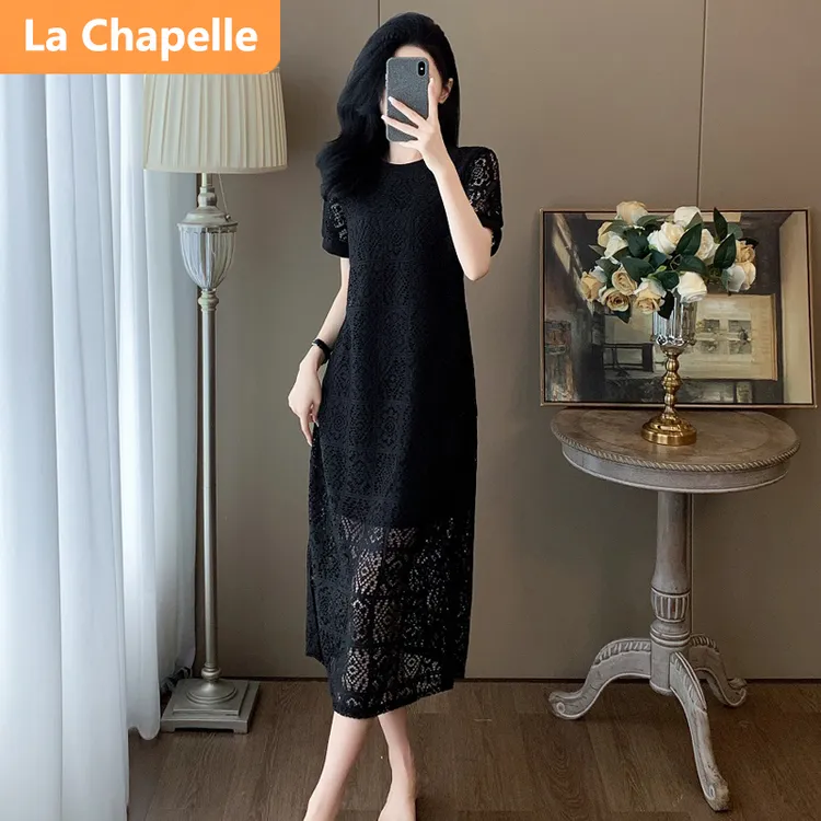 拉夏贝尔韩版镂空蕾丝时尚连衣裙女夏精致优雅通勤简约宽松显瘦裙