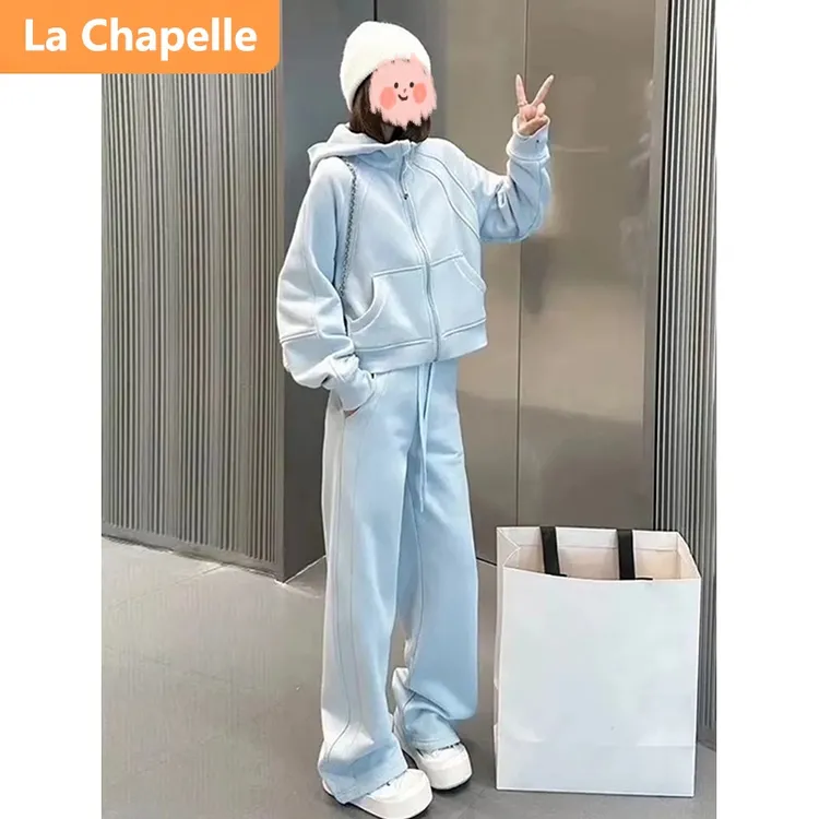 拉夏贝尔运动风时尚套装女秋冬季马卡龙蓝加绒加厚连帽卫衣阔腿裤