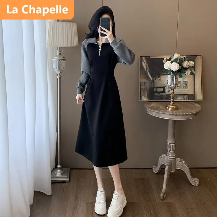 拉夏贝尔韩版时尚休闲风秋冬季连衣裙女加绒加厚拼色polo领收腰裙