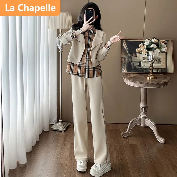 拉夏贝尔轻奢时尚设计感休闲套装女秋季气质宽松假两件外套阔腿裤