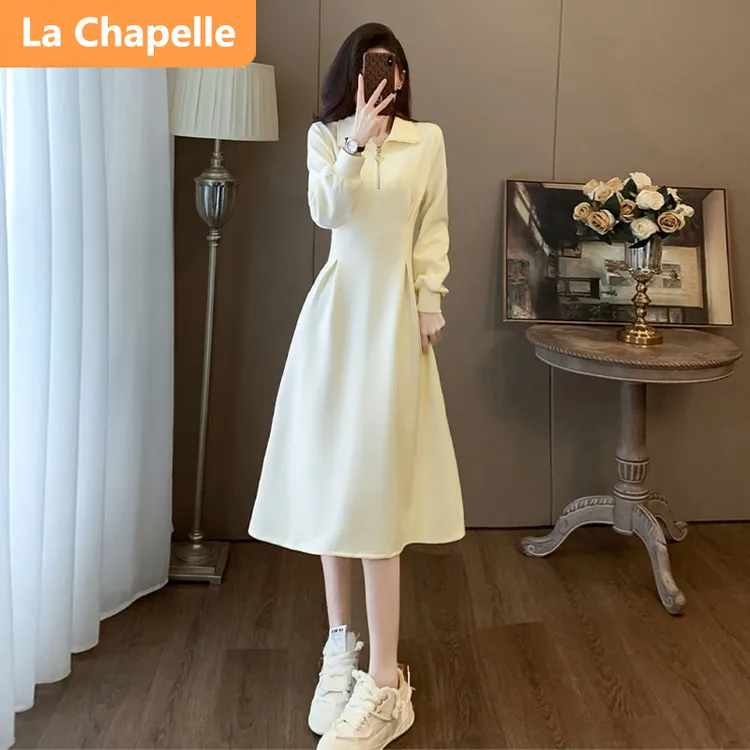 拉夏贝尔气质通勤时尚连衣裙女秋季2024新款简约polo领收腰中长款