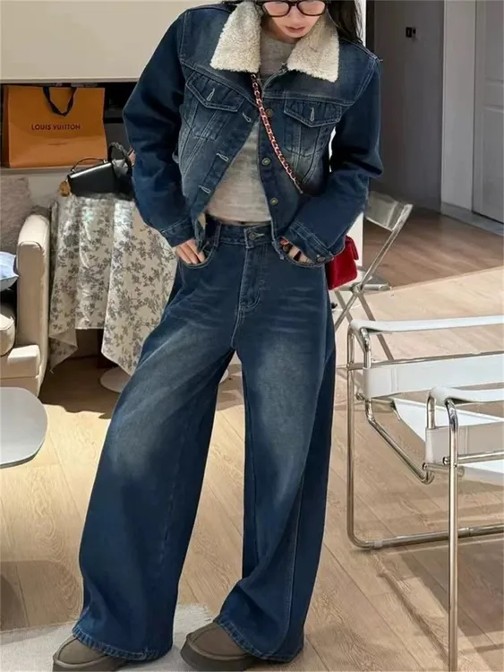 秋冬新款时尚洋气短款加绒加厚牛仔外套+阔腿长裤套装女小个子