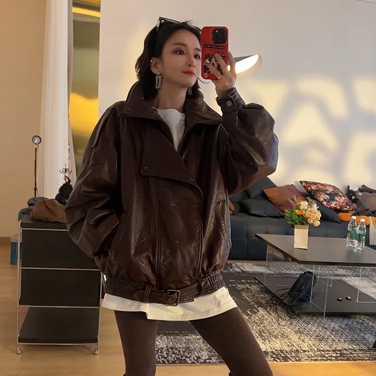 羽绒酷飒girl 进口自然纹理泡纹绵羊皮双立领廓形极简机车皮衣