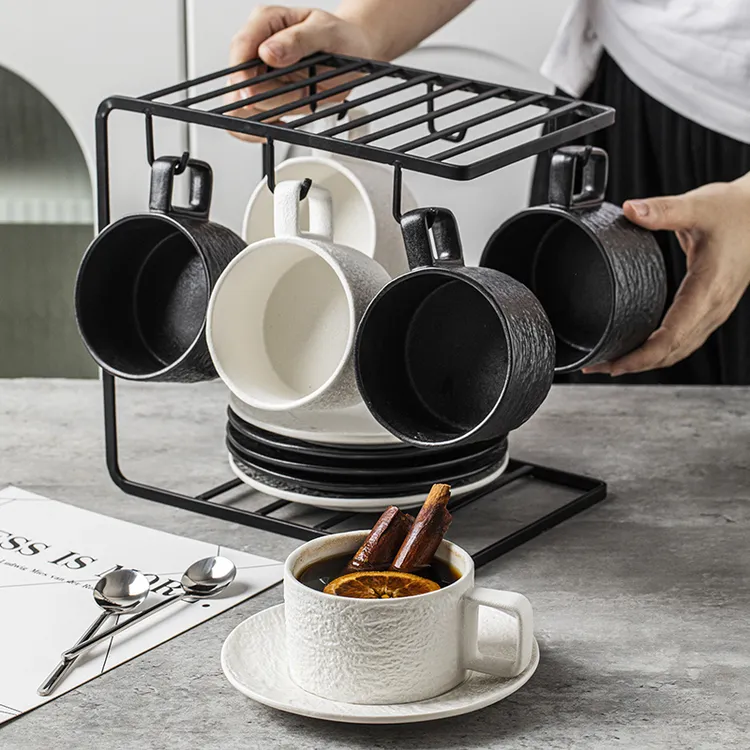 高颜值陶瓷咖啡杯碟意美式轻奢早餐杯带勺下午茶餐具岩石纹理