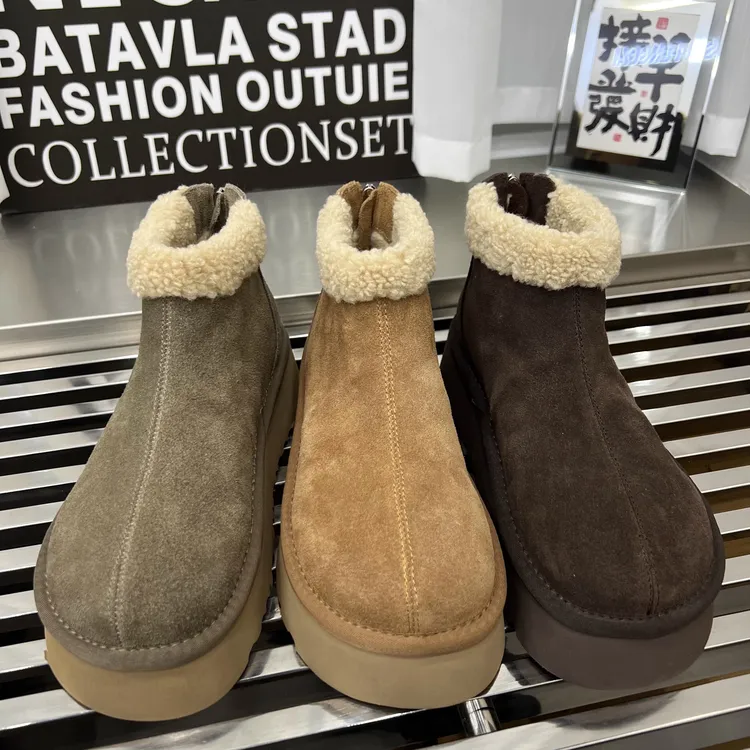 欧洲站磨砂翻毛皮松糕厚底加绒短靴圆头百搭保暖雪地靴网红面包鞋