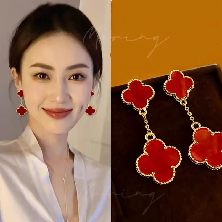 铜合金亚克力耳饰 四叶草双花耳环坠高级感红色气质秋冬2025新款