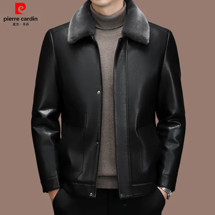 皮尔卡丹正品男士可脱卸内胆皮衣中青年皮毛一体秋冬加绒休闲外套