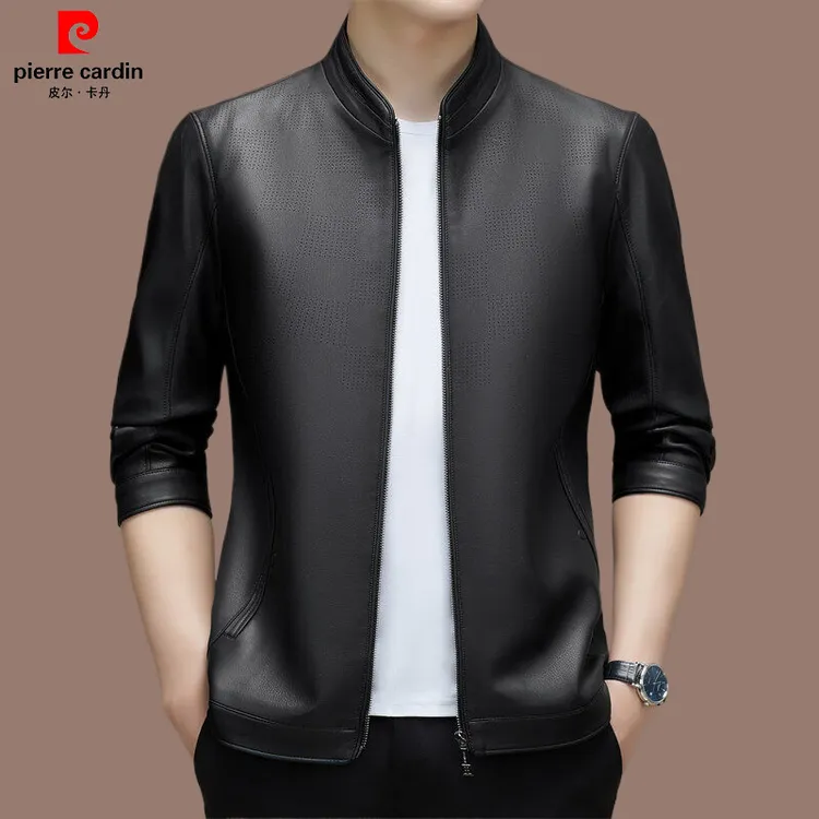 皮尔卡丹【品牌男装】高档男士真皮夹克春季新款中青年棒球领皮衣男