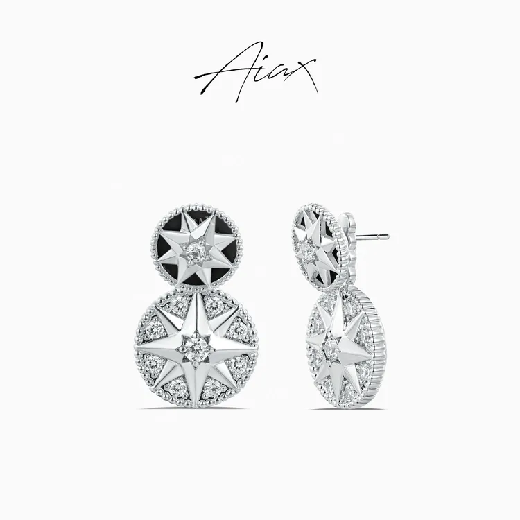 铜合金合成锆石耳饰 经典百搭罗盘 立体八芒星珐琅耳环TSL1071