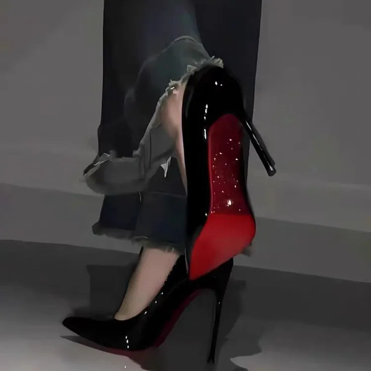 2025新款黑色红底水钻高跟鞋女细跟设计感夜店名媛尖头浅口鞋