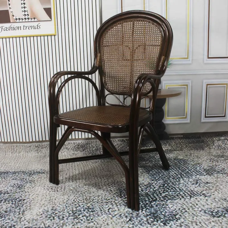 印尼藤编休闲椅透气舒适棕绳座面椅真藤高背老人椅家用阳台扶手椅