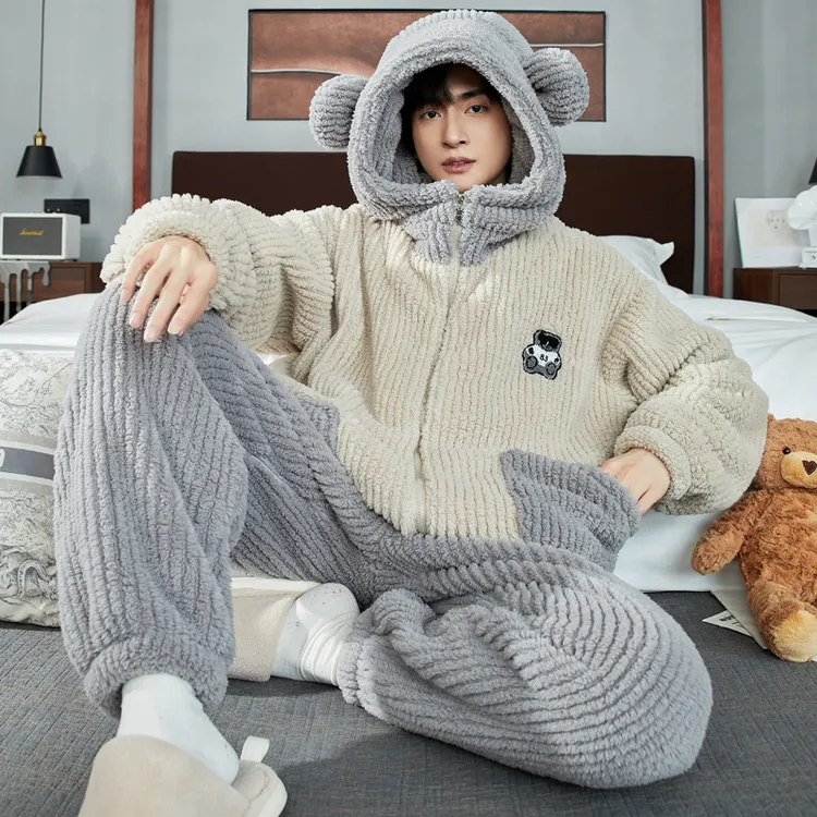 睡衣男秋冬款法兰绒加厚加绒保暖珊瑚绒带帽子冬天开衫家居服套装
