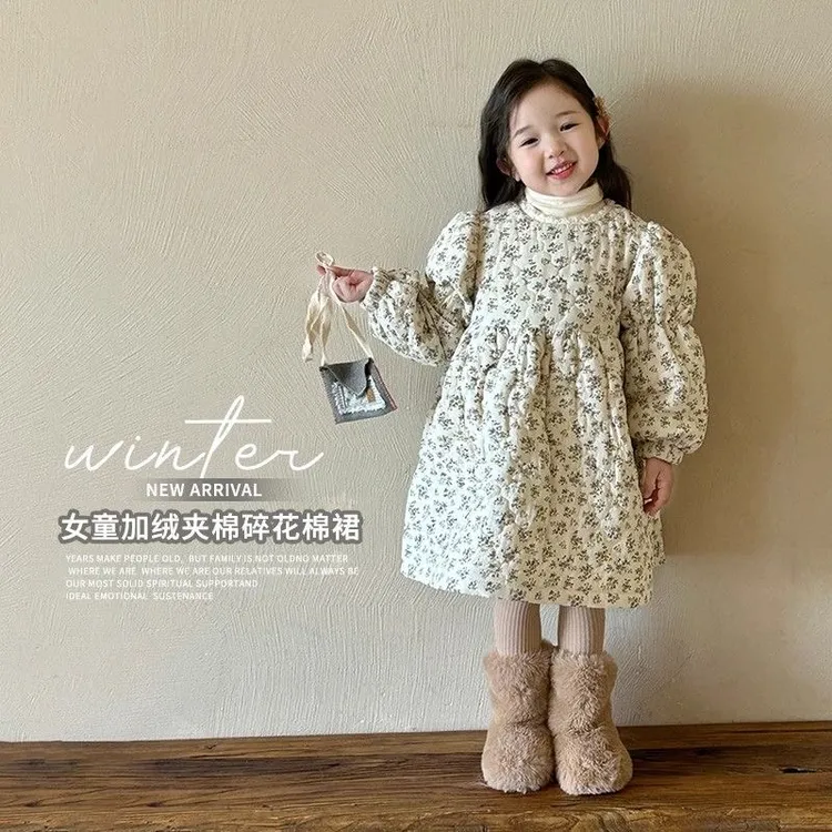 女童碎花夹棉绗线棉裙秋冬新款韩版小清新加厚保暖连衣裙棉服外套