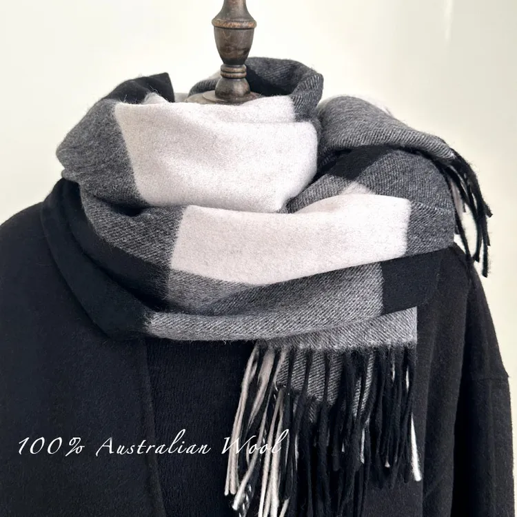 大版！经典黑白大格100%澳洲羊毛商务保暖围巾情侣礼盒送礼毛茸茸