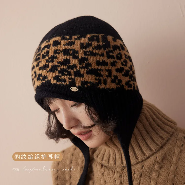 Lagur黑豹纹保暖100%羊毛帽子秋冬冬季护耳毛线帽针织礼物红色