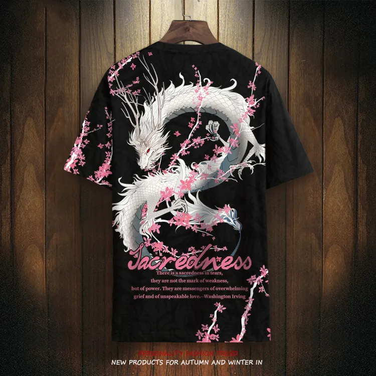 樱花T恤男士短袖中国风龙图案半袖上衣加肥大码潮牌体恤衫夏季薄