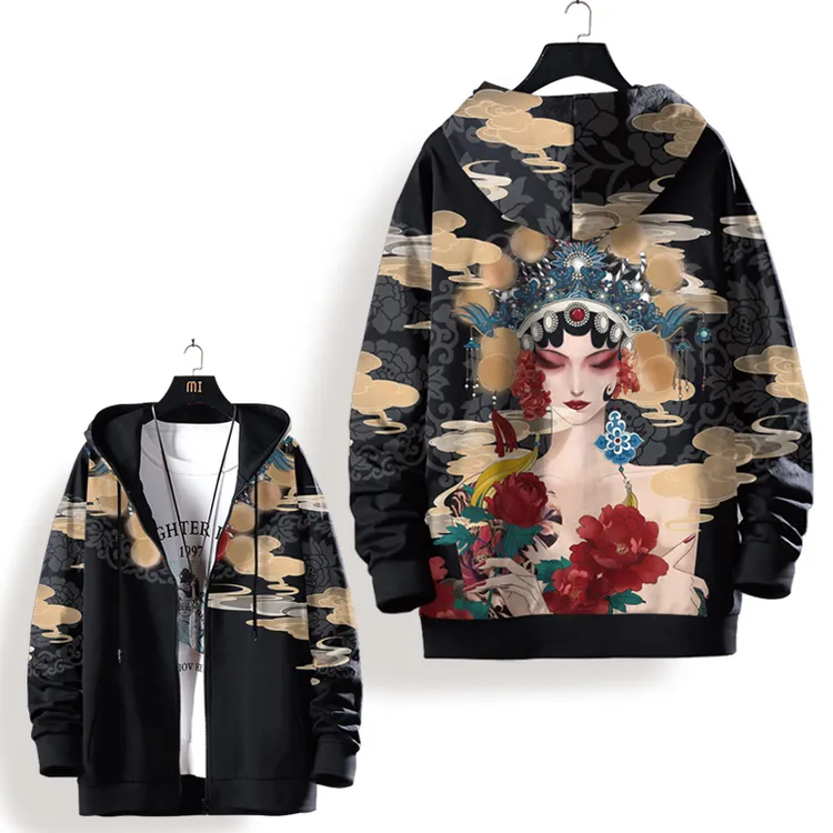 国风卫衣外套男京剧美女印花oversize连帽开衫冬季加绒加厚上衣服