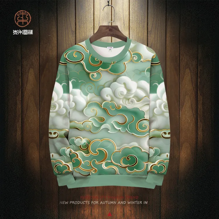 国潮新款中国风圆领卫衣男潮流春季长袖T恤薄款古风祥云印花外套