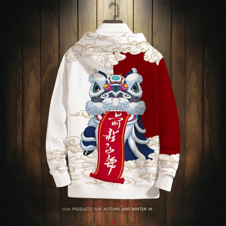 国潮醒狮卫衣男连帽大码外套加绒潮流宽松中国风男装休闲秋季上衣