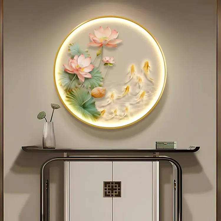 荷花九鱼图发光玄关装饰画新中式圆形走廊轻奢led灯光画壁画挂画