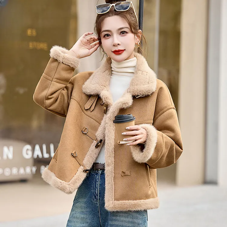 羊羔毛皮毛一体外套女冬季2024新款加绒加厚鹿皮绒机车棉服小个子