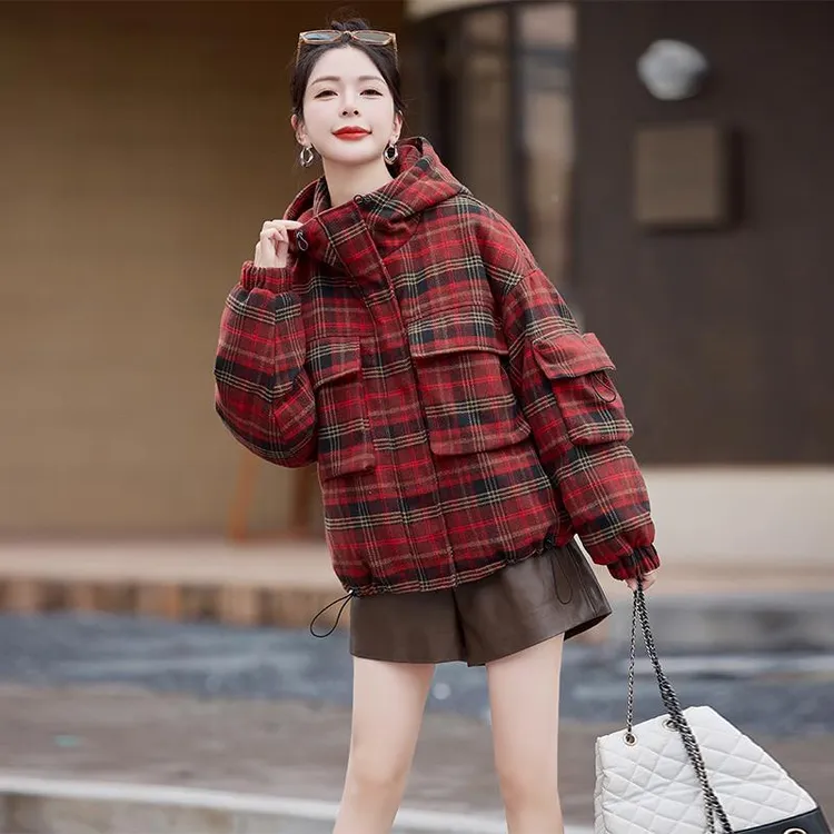 欧货格子毛呢羽绒服女短款秋冬2025新款九江休闲平湖高端大牌外套