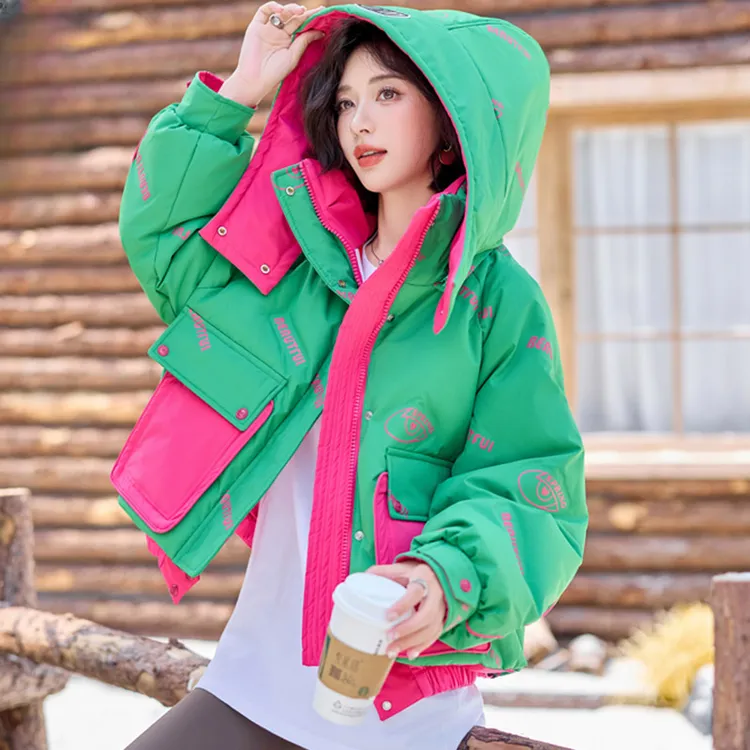 欧货设计感羽绒服女2024冬装新款小个子短款休闲拼接加厚工装外套